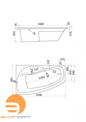 Ванна МАЙОРКА ассиметричная XL 160*95, Белая, Лев. Santek