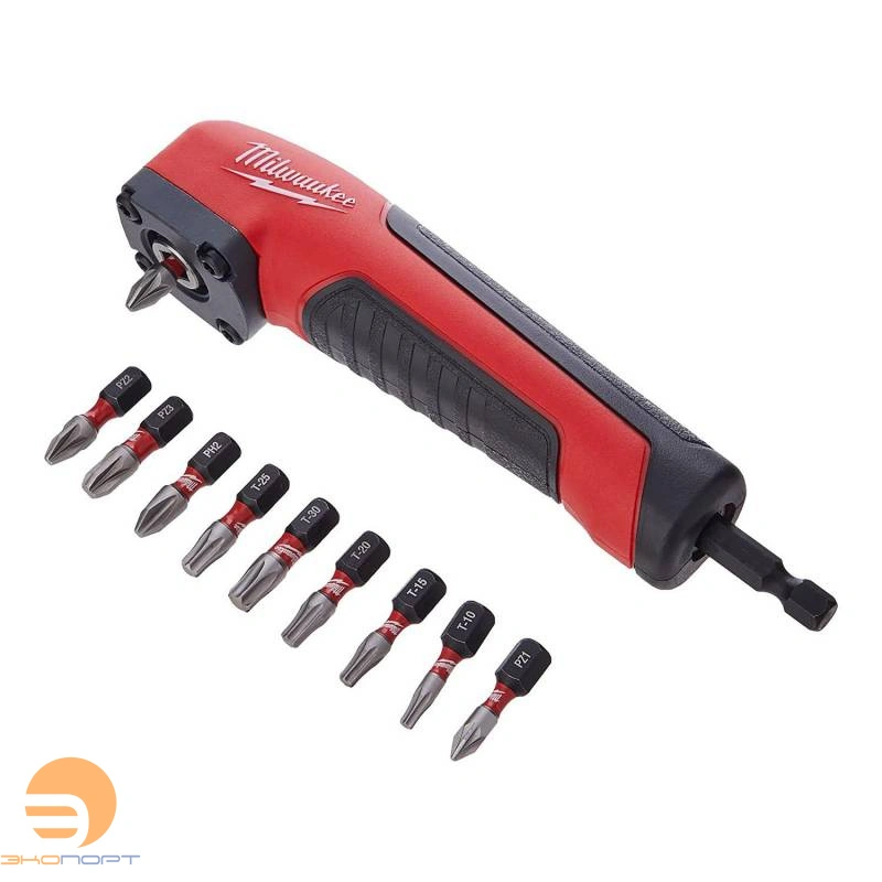 Насадка угловая 90° SHOCKWAVE™ c набором бит 10шт, Milwaukee