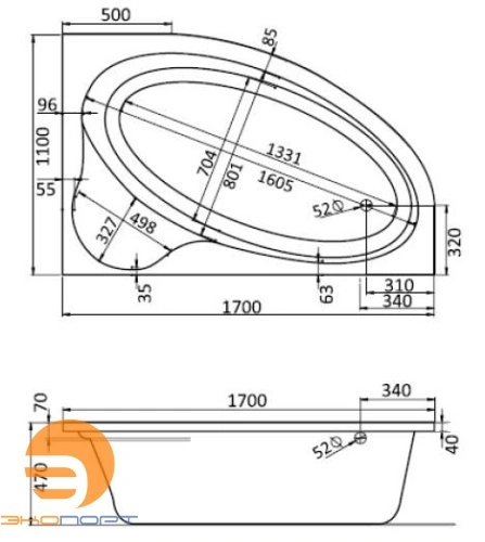 Ванна ЭДЕРА ассиметричная 170*110 R, белая, прав., Santek