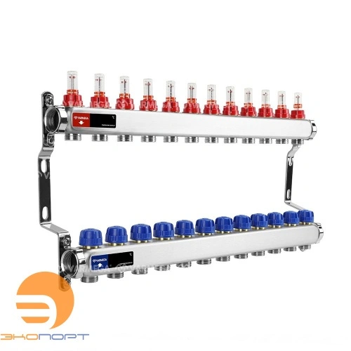 Коллектор с расходомерами 12 выходов (ВР1", 3/4" EK), нерж сталь Varmega