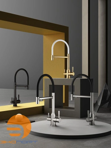 Смеситель кухонный со съемным изливом на магните и подключением фильтра R81.63 (сатин золотой/белый) RAG