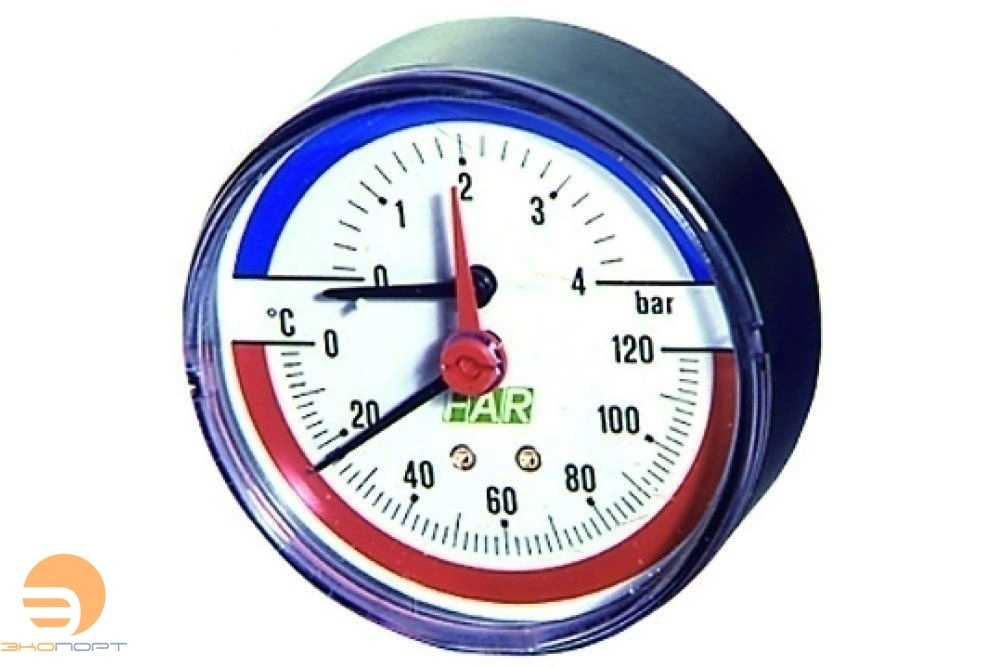 Термоманометр 0-10 бар, 0-120 °C, 80 мм, торцевое соединение 1/2" FAR
