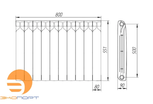 Радиатор биметаллический 500/90 10 секций Теплоприбор