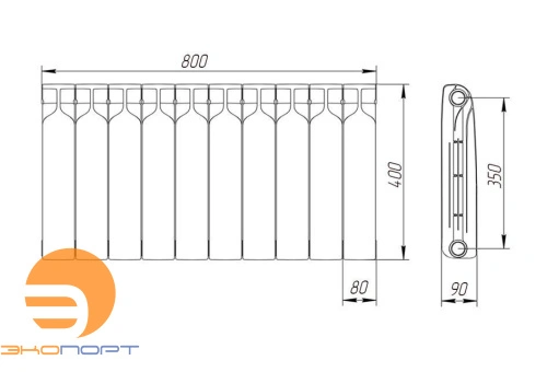 Радиатор биметаллический BR1 350/90 мм 10 секций Теплоприбор