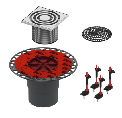 Комплект точечного трапа (сифон верт. DN100+решетка 150*150 в пласт.раме+сетка для волос+опоры) ТЕСЕ