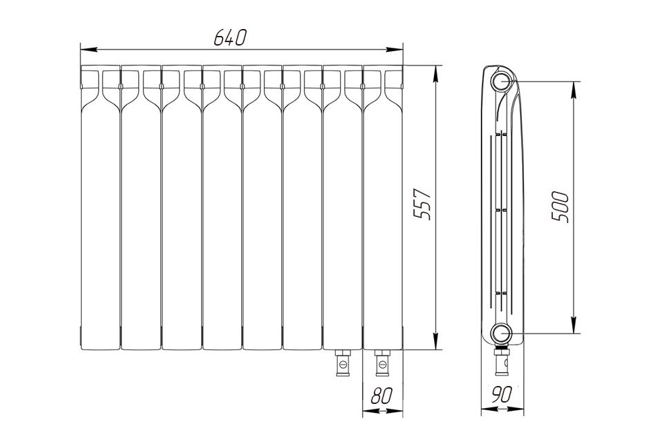 Радиатор биметаллический 500/90 мм 8 секций нижнее подключение справа Теплоприбор