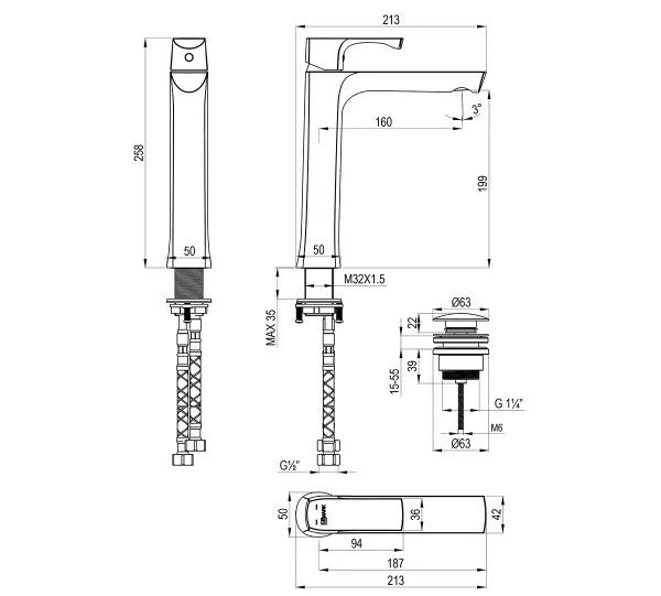 Смеситель для умывальника URSUS высокий, монолитный, золото матовый, LEMARK