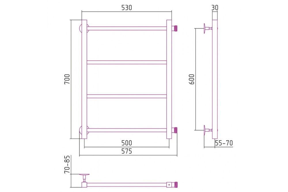 Полотенцесушитель "Версия - КБ" 600х500 (4 перекладины) П 20х20, нержавеющая сталь, полировка, Стилье
