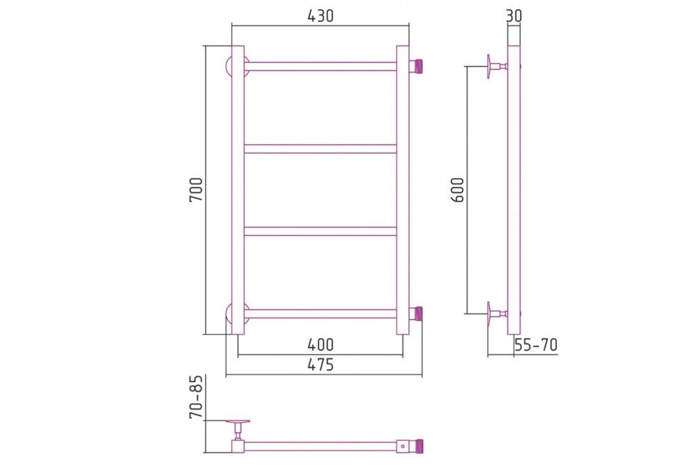 Полотенцесушитель "Версия - КБ" 600х400 (4 перекладины) П 20х20, нержавеющая сталь, полировка, Стилье