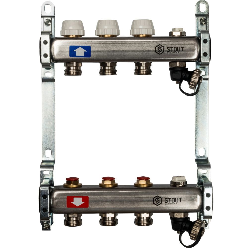 Коллектор  3 вых с вент. вставками (сливные краны, воздухоотводчик, без заглушек) Stout