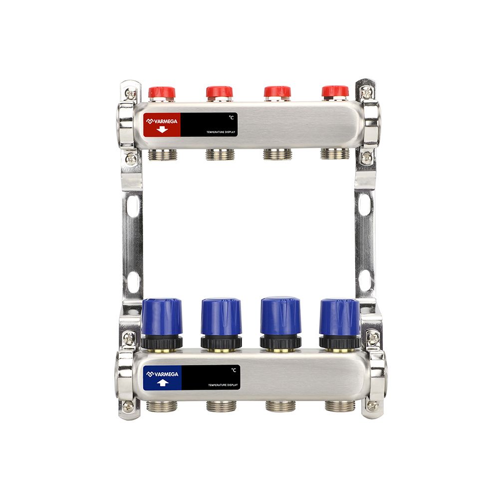 Коллектор с регулирующими и балансировочными клапанами 4 выхода (ВР1", 3/4" EK), нерж сталь Varmega
