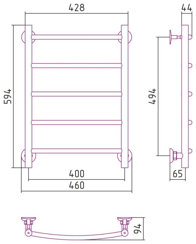 Полотенцесушитель водяной  "Версия - Н2" 600х400 (5 перекл.) Г 18, нерж.сталь, Стилье
