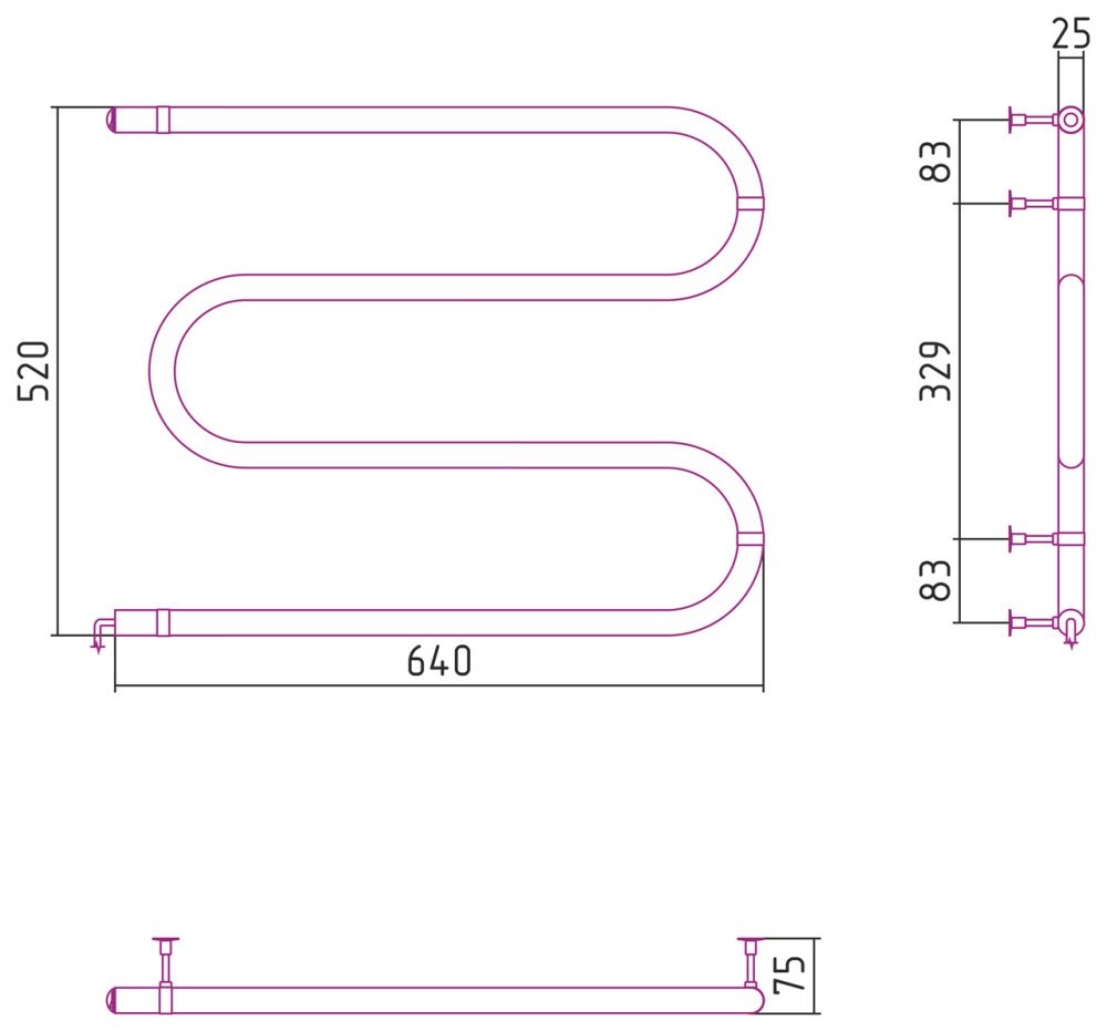 Полотенцесушитель электрический М-образный №03, 500х600 (64 Вт), Стилье