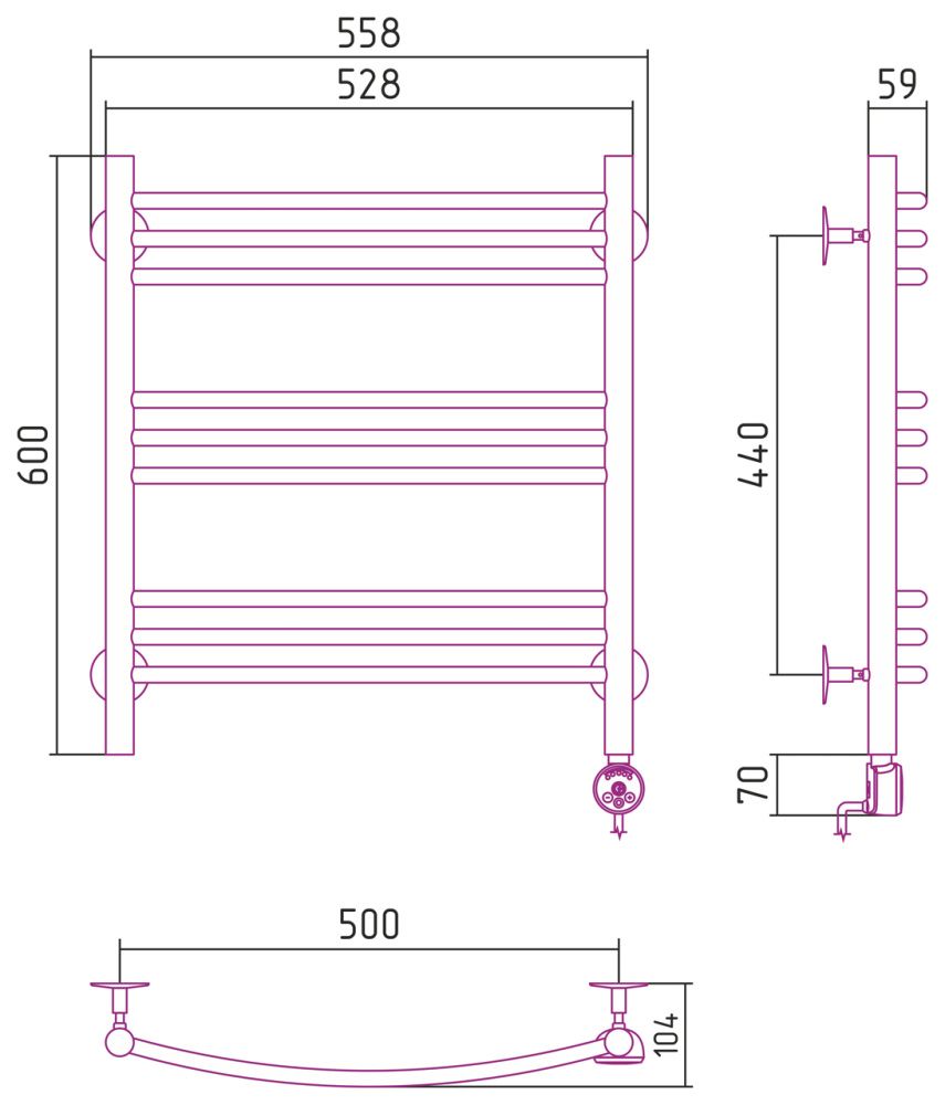 Полотенцесушитель электрический №10 ТП, 60х50 см (3+3+3)  Г16, хром,  Стилье 