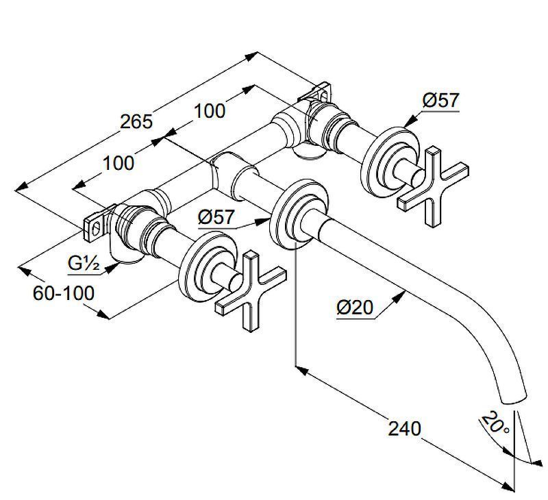 Смеситель для раковины встраиваемый Nova Fonte Classic  (излив 240мм) на 3 отверстия (внутренняя часть в комплекте), хром KLUDI