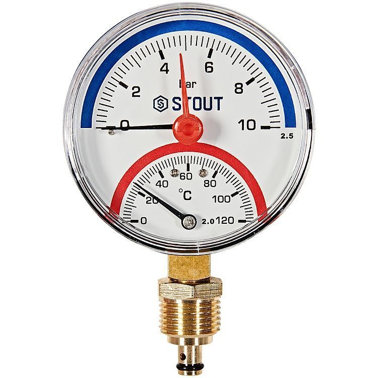 Термоманометр радиальный (0...120°C, 0-10 бар), Dn 80 мм 1/2, STOUT
