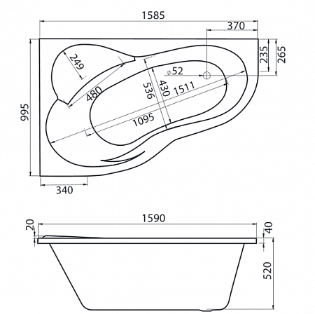Ванна ИБИЦА ассиметричная XL 160*100, Белая, Лев. Santek