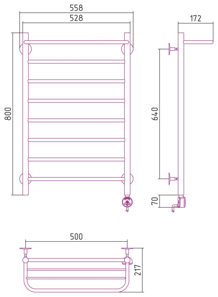 Полотенцесушитель электрический №20 ТП, 800х500 (Полка + 7) П16 Стилье