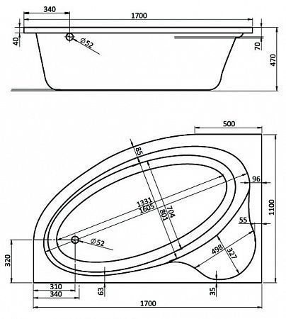 Ванна ЭДЕРА ассиметричная 170*110, Белая, Лев. Santek