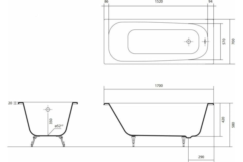 Ванна чугунная эмалированная СИГМА 1700x700x420 в комплекте с 4-мя ножками AQUATEK