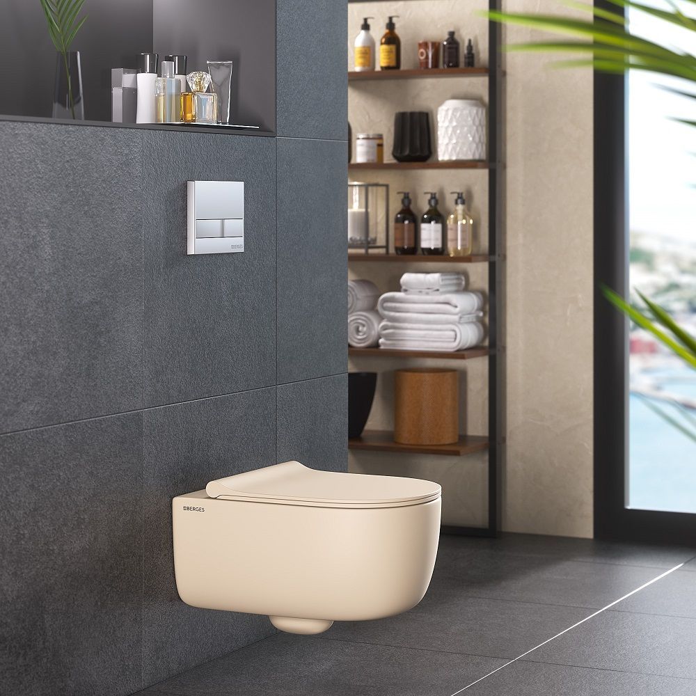 Унитаз подвесной EGO XL матовый жасмин Rimless 54 см c сиденьем Slim BERGES