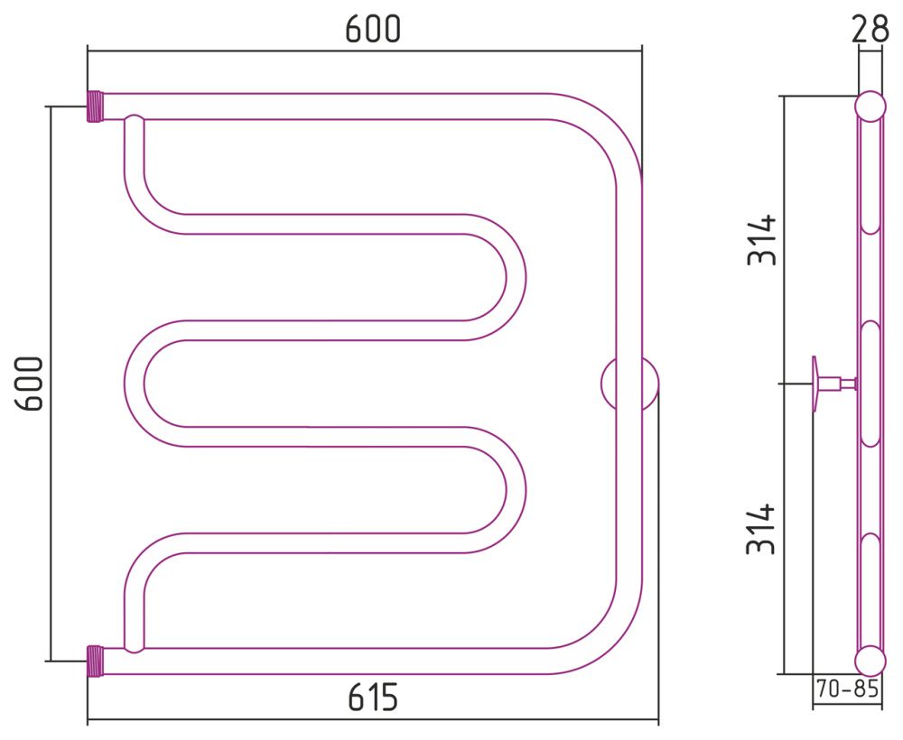 Полотенцесушитель Тандем 600х600, G 1" нерж. ст., полировка Стилье