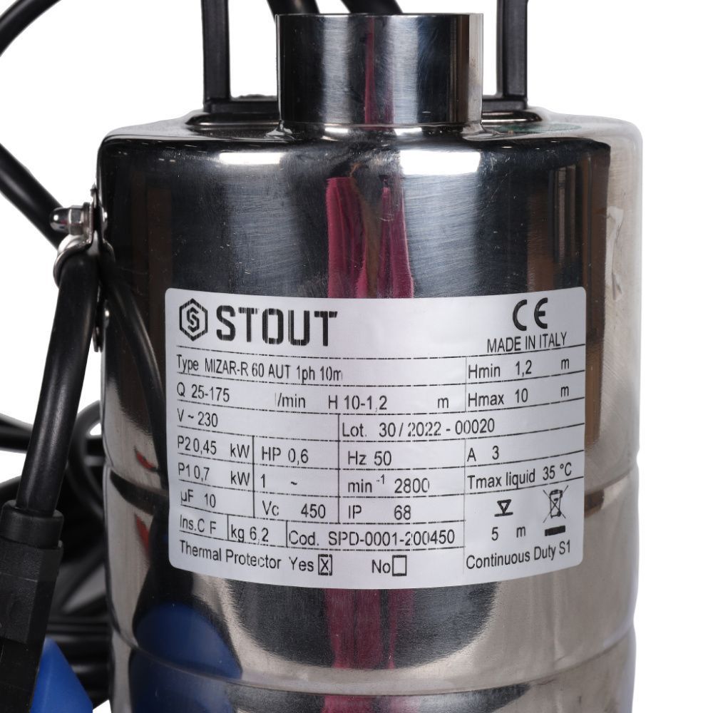 Насос дренажный с поплавком, кабель 10 м, 230V, Q=175 л/мин, H=10 м STOUT