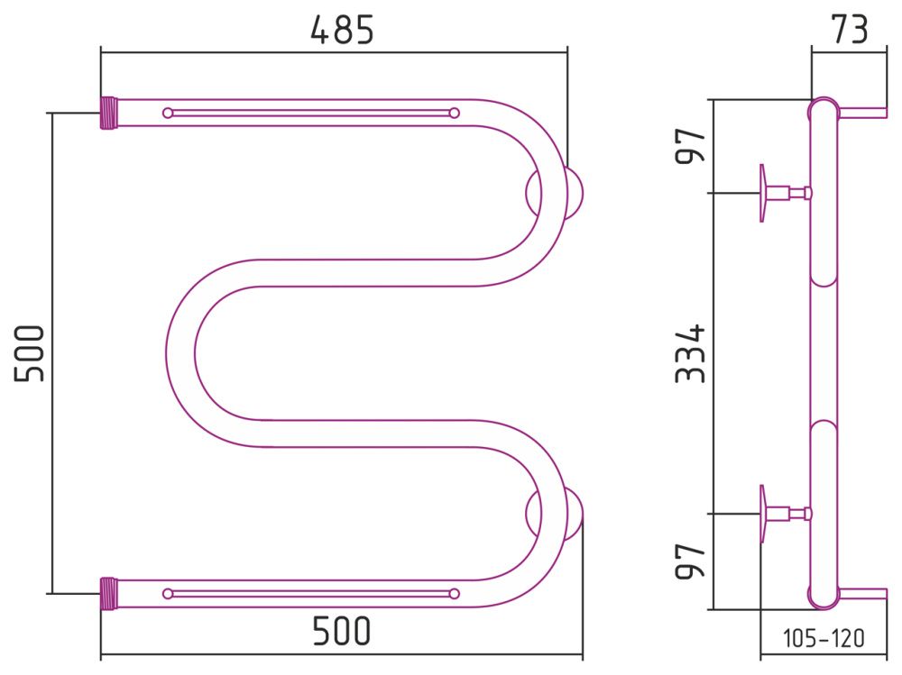 Полотенцесушитель М-образный 2П 500х500, G 1" без кронштейна нерж. ст., полировка Стилье