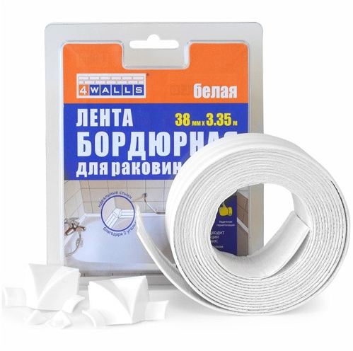 Лента-бордюр для раковин и ванн 4WALLS 38ммх3,35м, с 2 уголками, фигурная, белая/24
