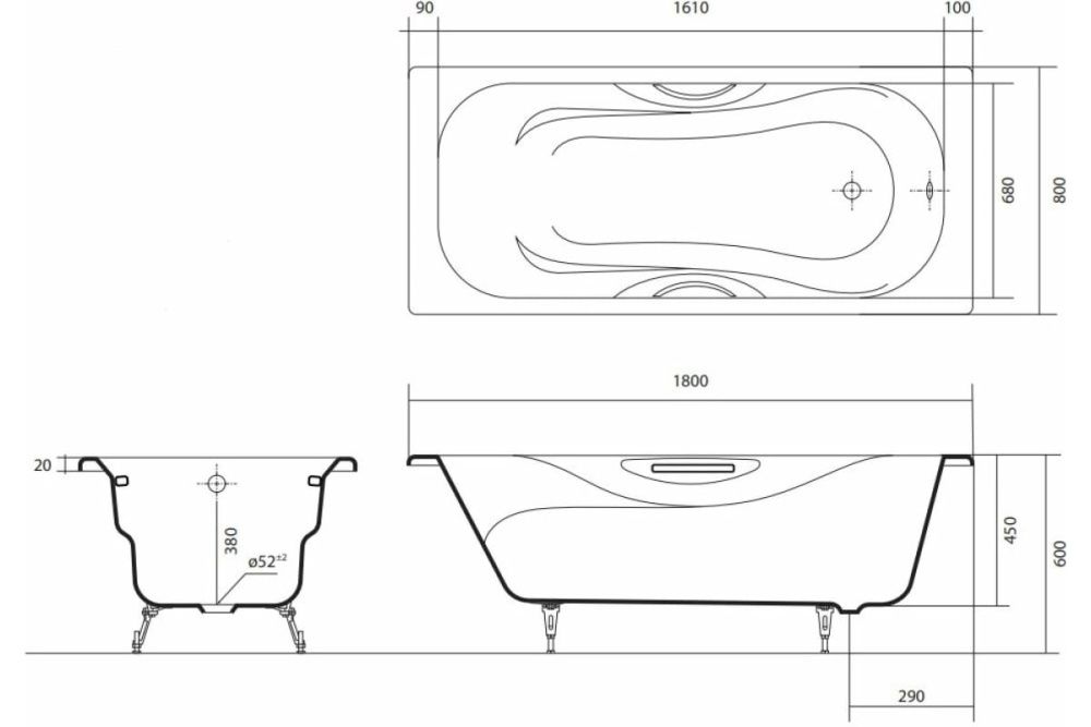 Ванна чугунная эмалированная ГАММА 1800x800x450 в комплекте с 4-мя ножками и 2-мя ручками AQUATEK