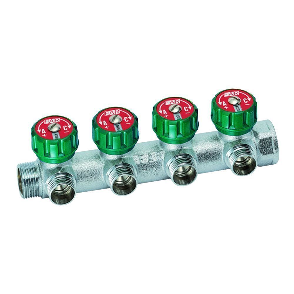 Коллектор регулирующий 1" (ВР-НР) с 4 отв. 3/4"EU с вставкой под плоское уплотнение FAR