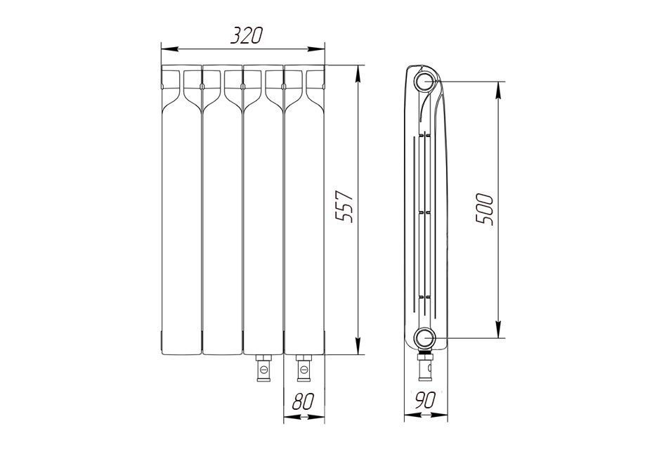 Радиатор биметаллический 500/90 мм  4 секции нижнее подключение справа Теплоприбор