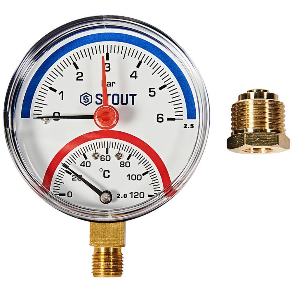 Термоманометр радиальный (0...120°C, 0-6 бар), Dn 80 мм 1/2, STOUT