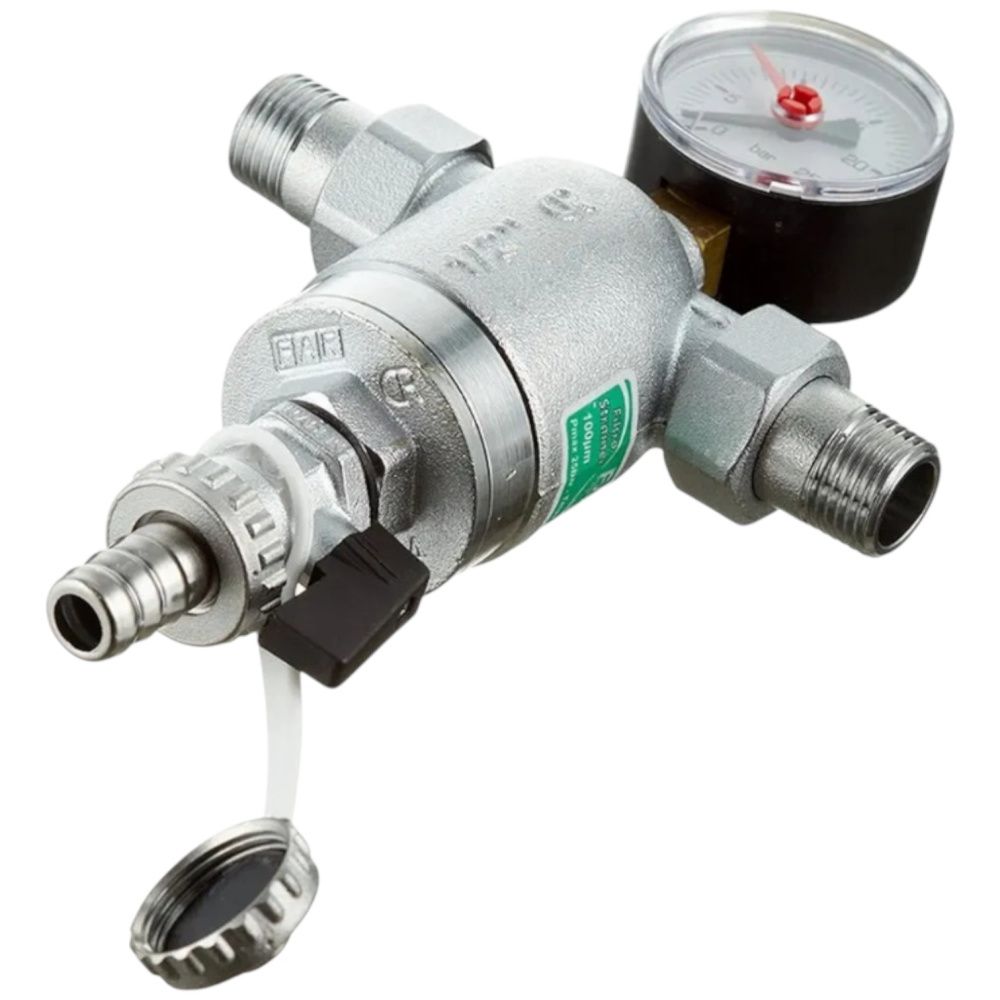 Фильтр сетчатый поворотное соединение 1/2" ВР, с манометром, 100мкм, Tmax=95 С, Pmax=25 бар FAR Фильтр сетчатый поворотное соединение 1/2" ВР, с манометром, 100мкм, Tmax=95 С, Pmax=25 бар FAR