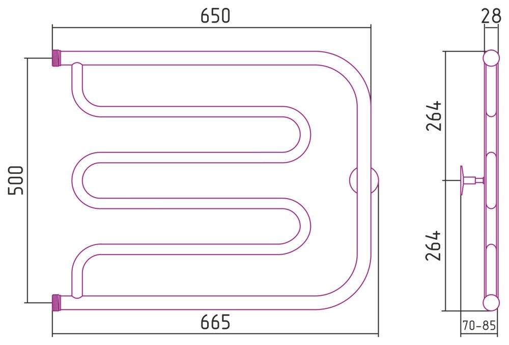 Полотенцесушитель Тандем 500х650, G 1" нерж. ст., полировка Стилье