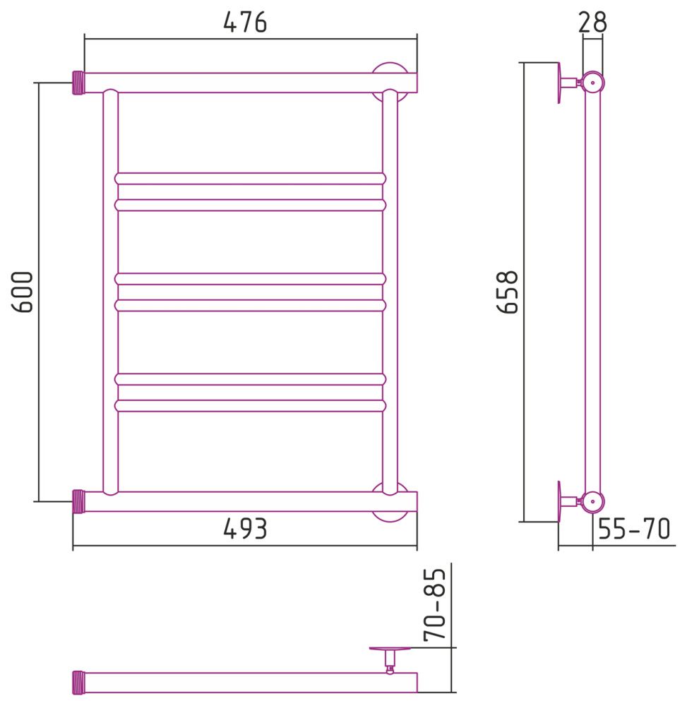 Полотенцесушитель Минор 00601, 600х500, (2+2+2) П Стилье