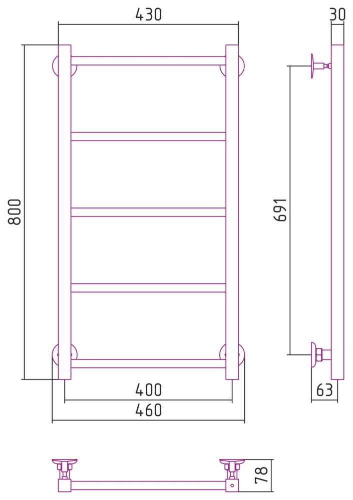 Полотенцесушитель "Версия - КН" 800х400 (5 перекладин) П 20х20, нержавеющая сталь, полировка, Стилье