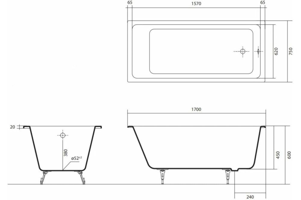 Ванна чугунная эмалированная АЛЬФА 1700x750x450 в комплекте с 4-мя ножками  AQUATEK
