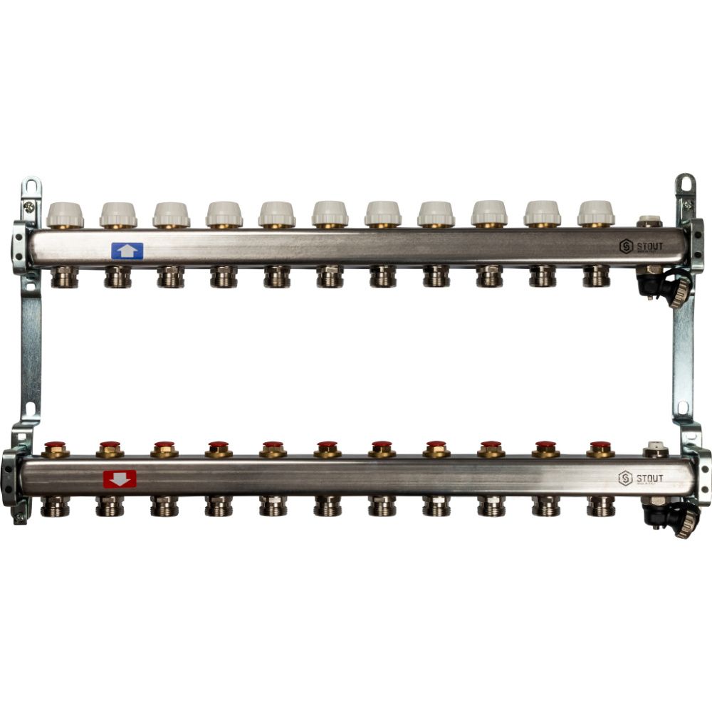 Коллектор 11 вых с вент. вставками (сливные краны, воздухоотводчик, без заглушек) Stout