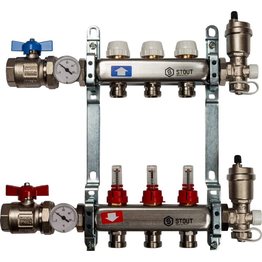 Коллектор в комплекте (краны и авт. воздухоотводчики)  3 вых с расходомерами Stout