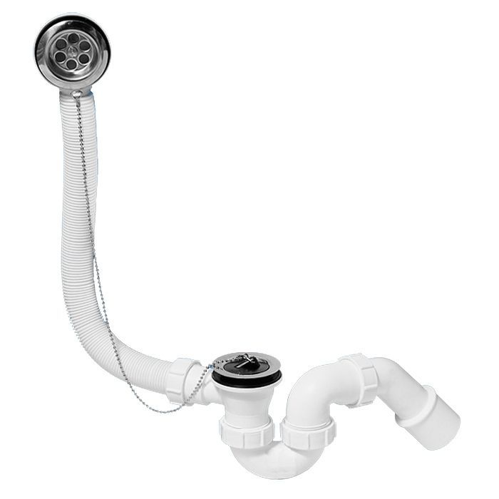 Сифон д/ванн (1 1/2"х40мм) с переливом L368хD34мм, н/ж решетка, пробка, цепочка,вых 40/50мм McAlpine