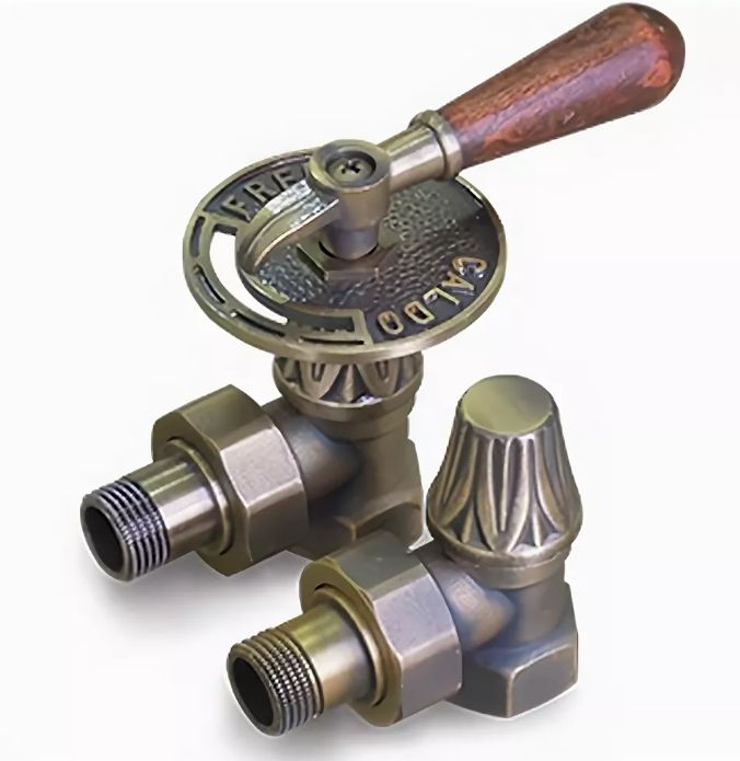 Комплект угловых вентилей для чугунных радиаторов (1/2) с деревянной ручкой, EXEMET