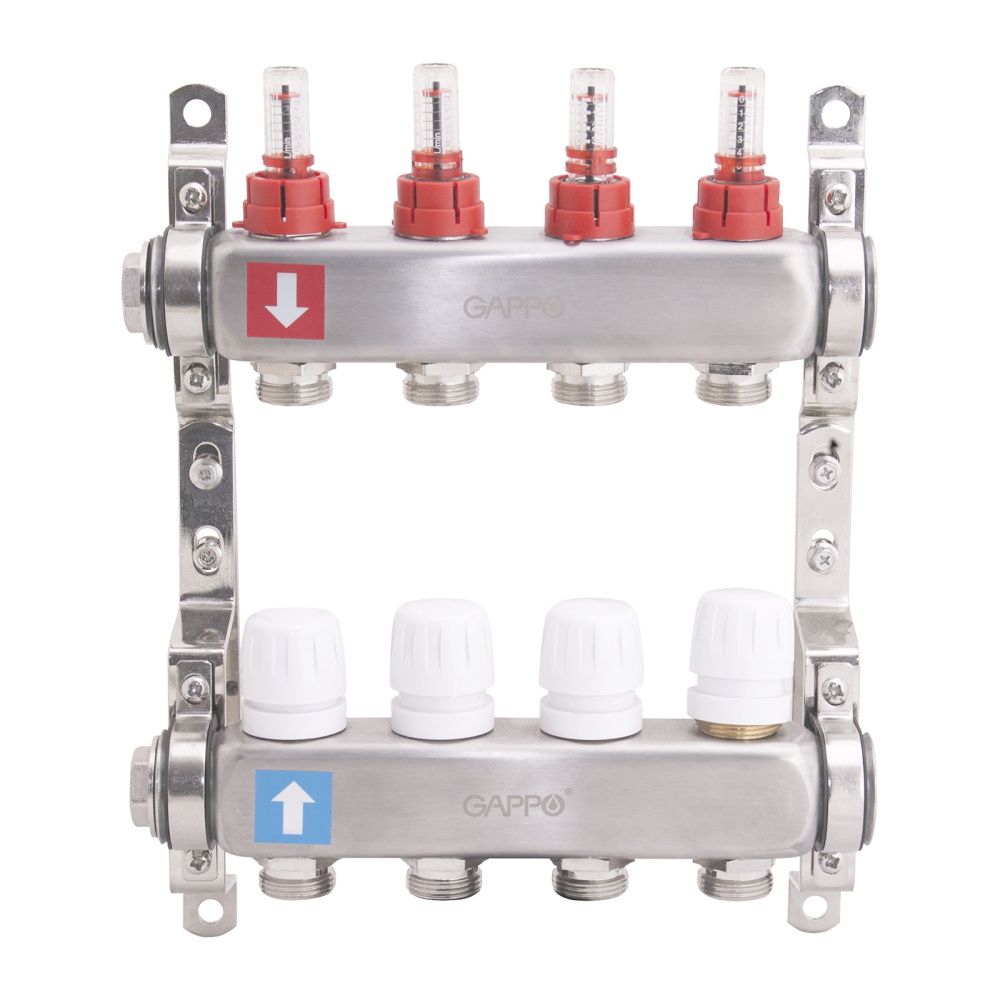 Коллектор из нержавеющей стали с расходомерами  (4 вых), Gappo