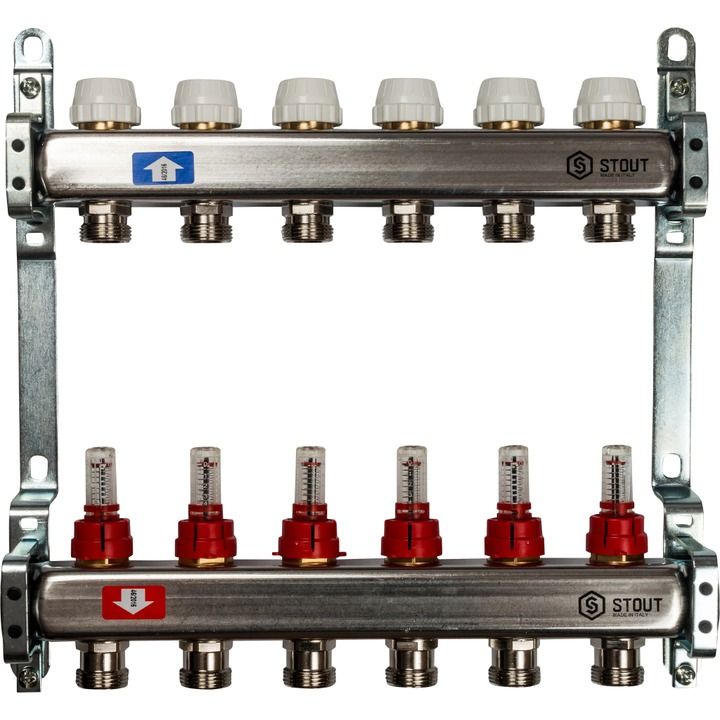 Коллектор  6 вых с расходомерами (без сливных кранов, без воздухоотводчиков, без заглушек) Stout