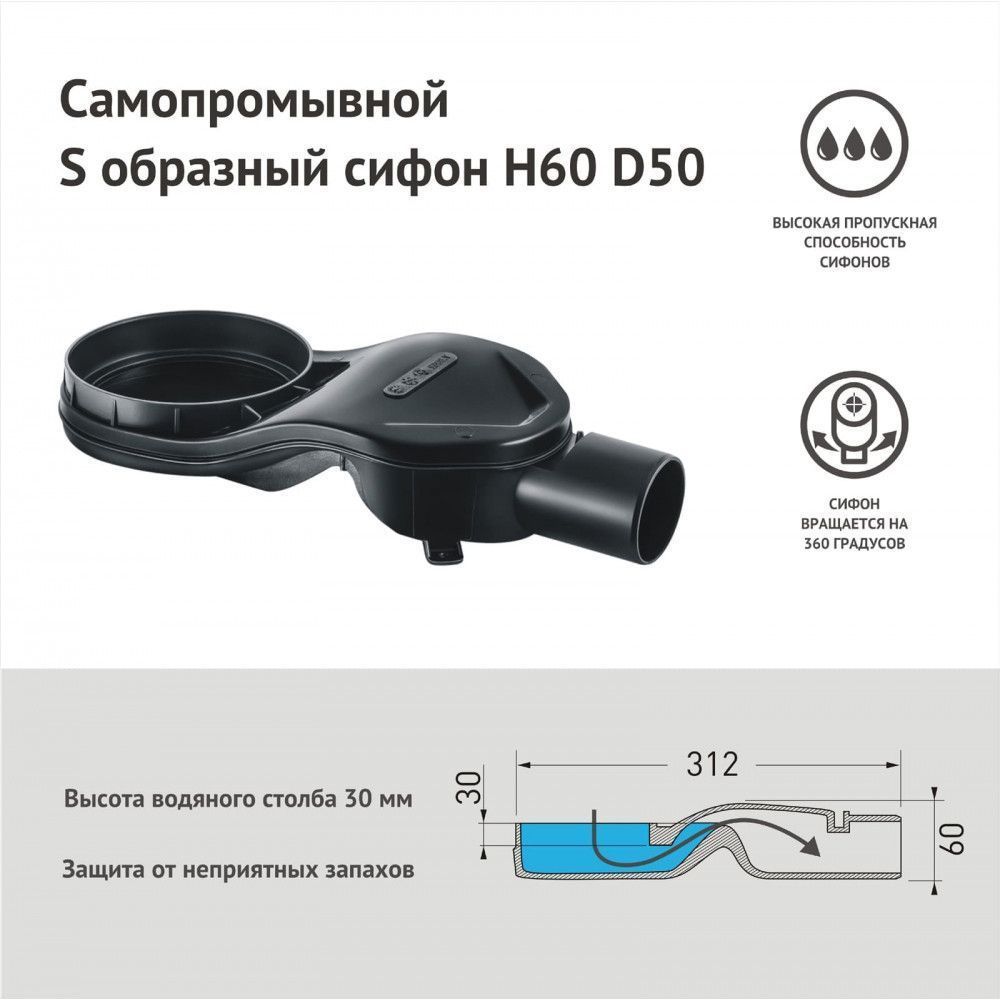 Дренажный канал BERGES SUPER Slim 1000 нерж. сталь решетка мат. хром S-сифон D50 H60 бок. выпуск