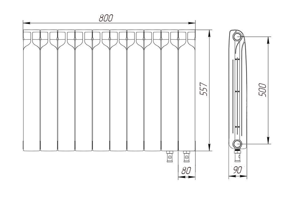 Радиатор биметаллический 500/90 мм 10 секций нижнее подключение справа Теплоприбор
