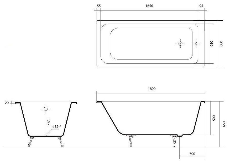 Ванна чугунная эмалированная ДЕЛЬТА 1800x800х500 в комплекте с 4-мя ножками AQUATEK