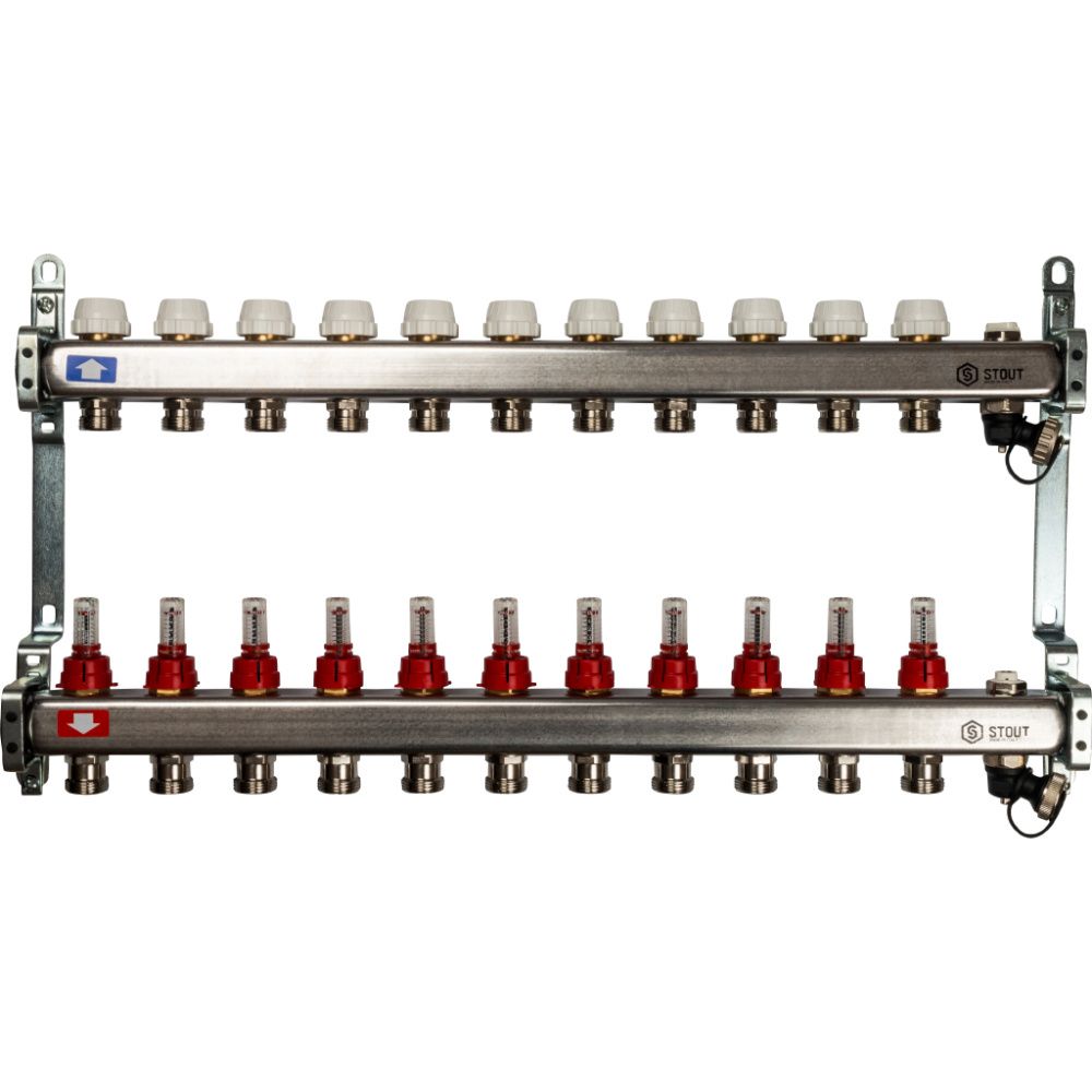 Коллектор 11 вых с расходомерами (сливные краны, воздухоотводчик, без заглушек) Stout