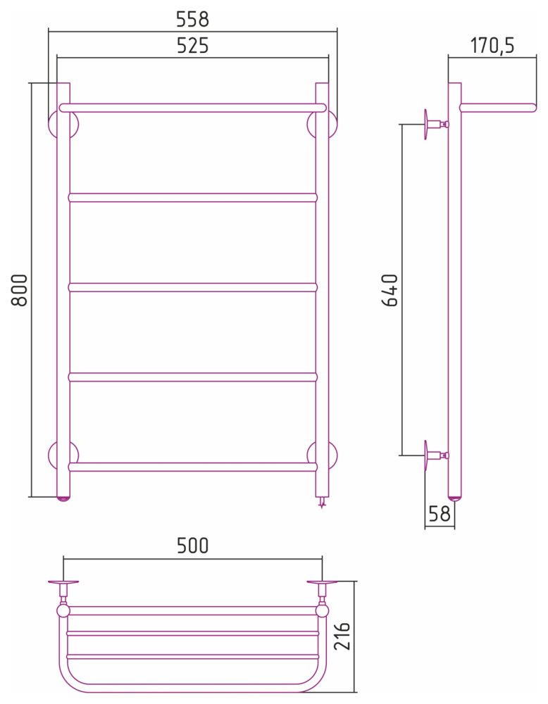Полотенцесушитель электрический №30 П, 800х500  Стилье