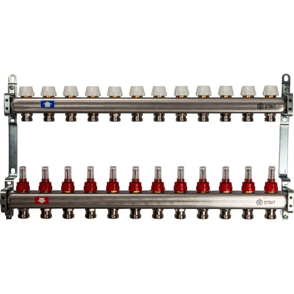 Коллектор 12 вых с расходомерами (без сливных кранов, без воздухоотводчиков, без заглушек) Stout